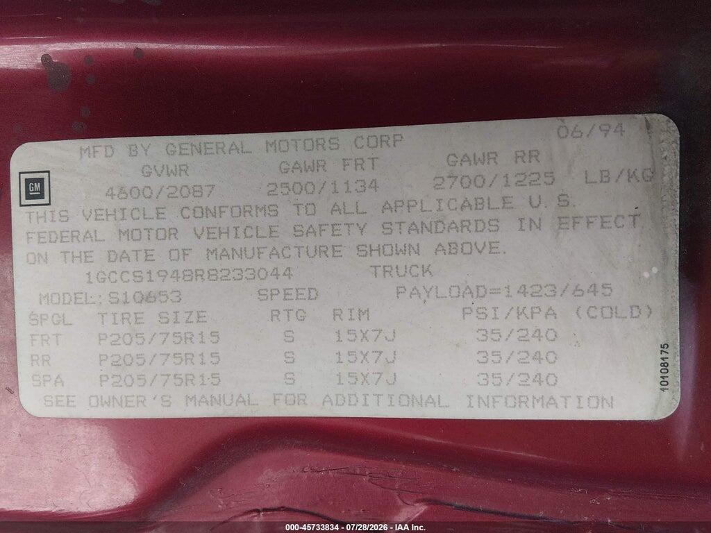 1GCCS1948R8233044 1994 CHEVROLET S TRUCK photo no. 9