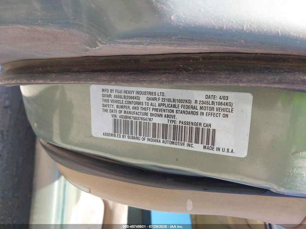4S3BH675037654787 2003 SUBARU OUTBACK photo no. 9