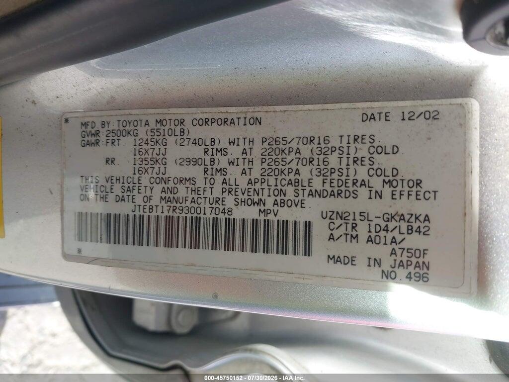 JTEBT17R930017048 2003 TOYOTA 4RUNNER photo no. 9