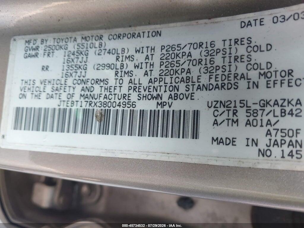 JTEBT17RX38004956 2003 TOYOTA 4RUNNER photo no. 9
