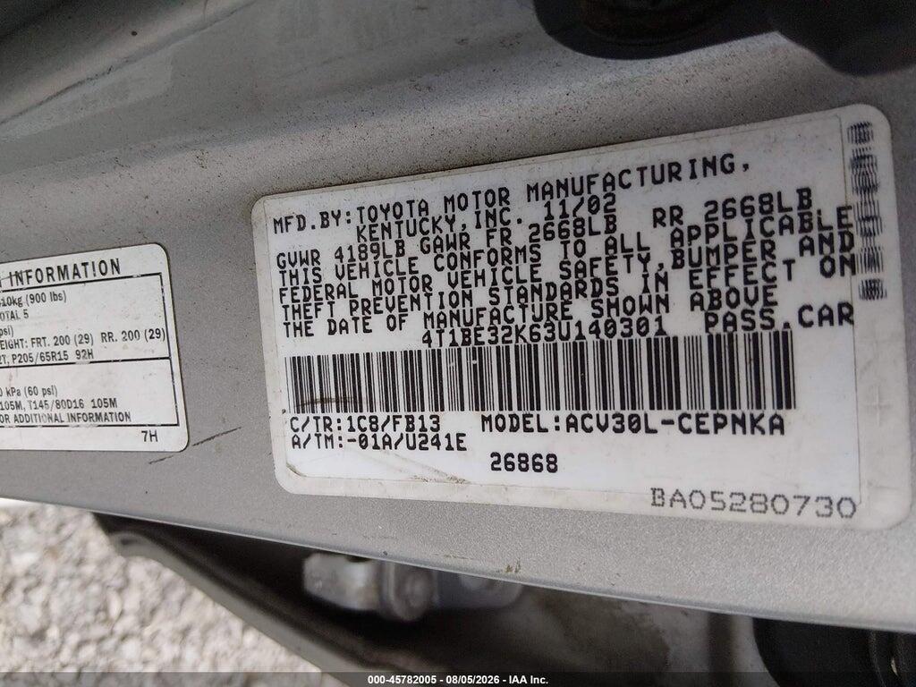 4T1BE32K63U140301 2003 TOYOTA CAMRY photo no. 9