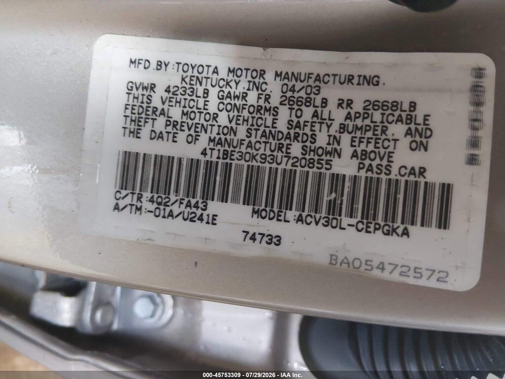 4T1BE30K93U720855 2003 TOYOTA CAMRY photo no. 9