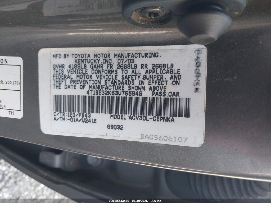 4T1BE32K63U765846 2003 TOYOTA CAMRY photo no. 9