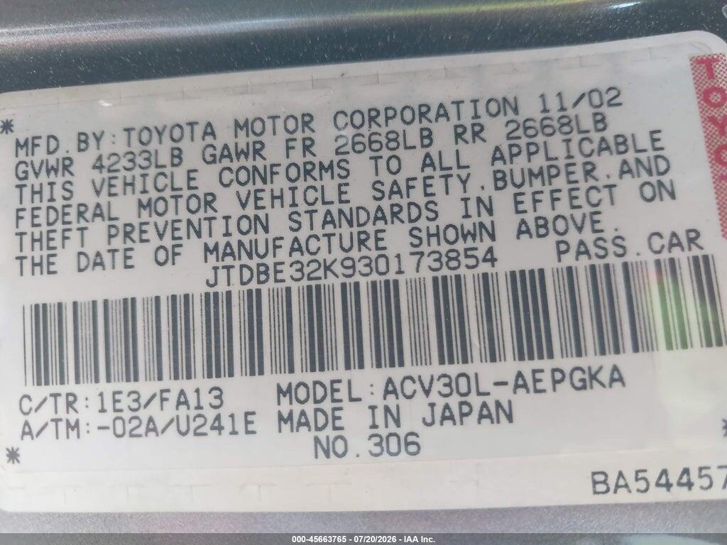 JTDBE32K930173854 2003 TOYOTA CAMRY photo no. 9