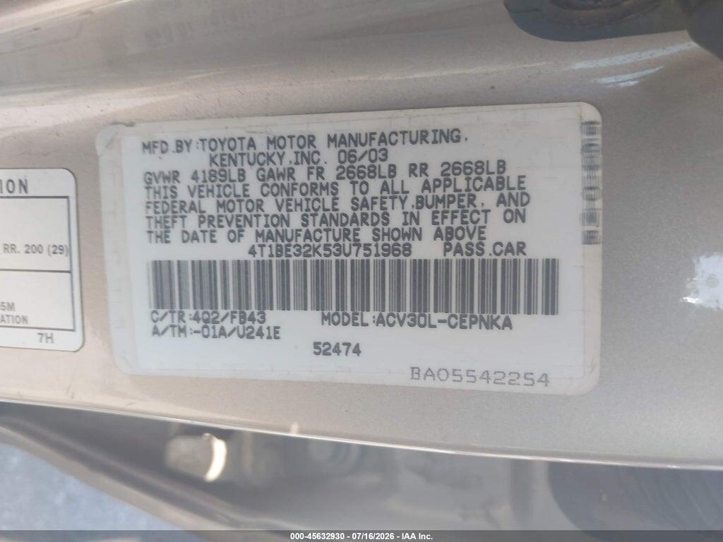 4T1BE32K53U751968 2003 TOYOTA CAMRY photo no. 9