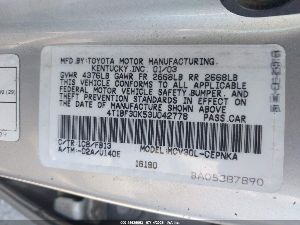 4T1BF30K53U042778 2003 TOYOTA CAMRY photo no. 9