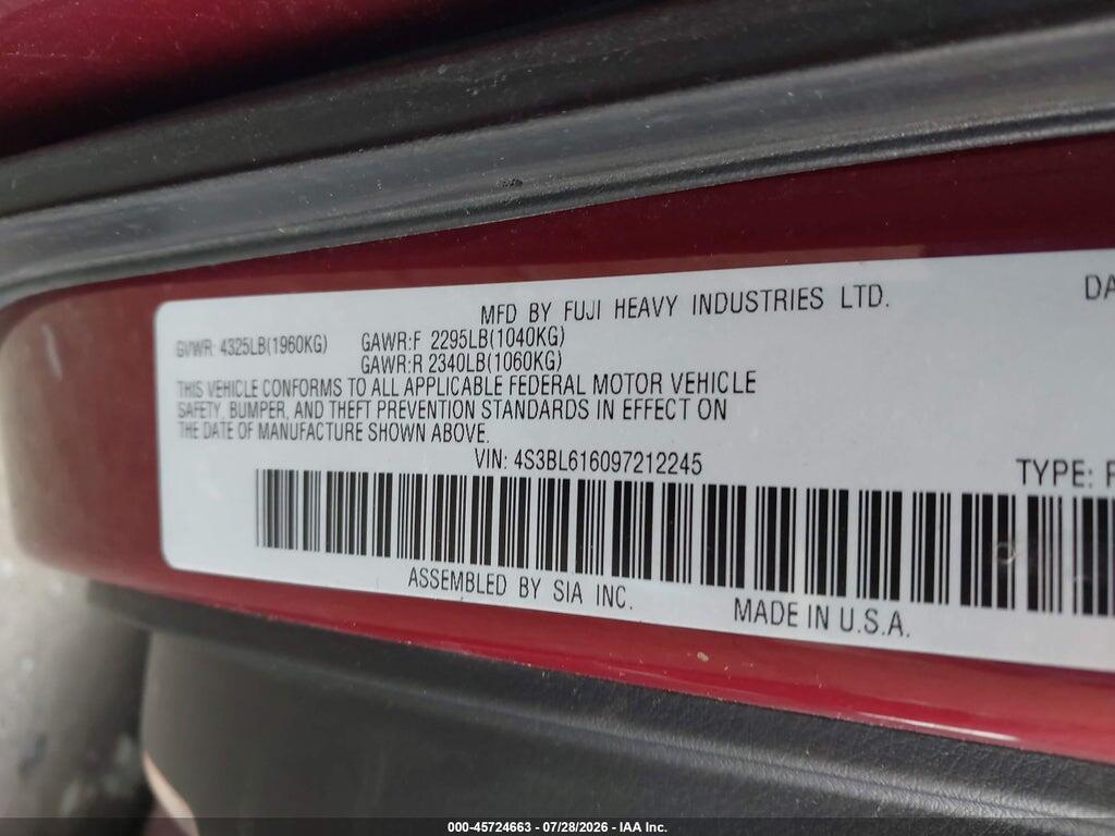 4S3BL616097212245 2009 SUBARU LEGACY photo no. 9
