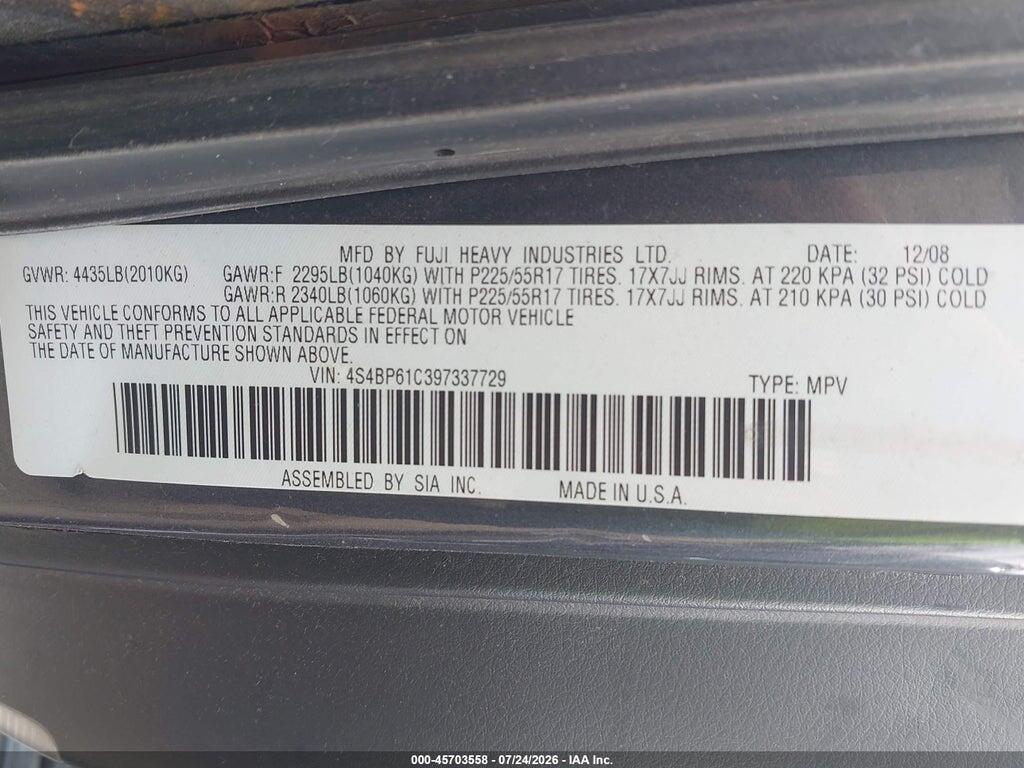 4S4BP61C397337729 2009 SUBARU OUTBACK photo no. 9