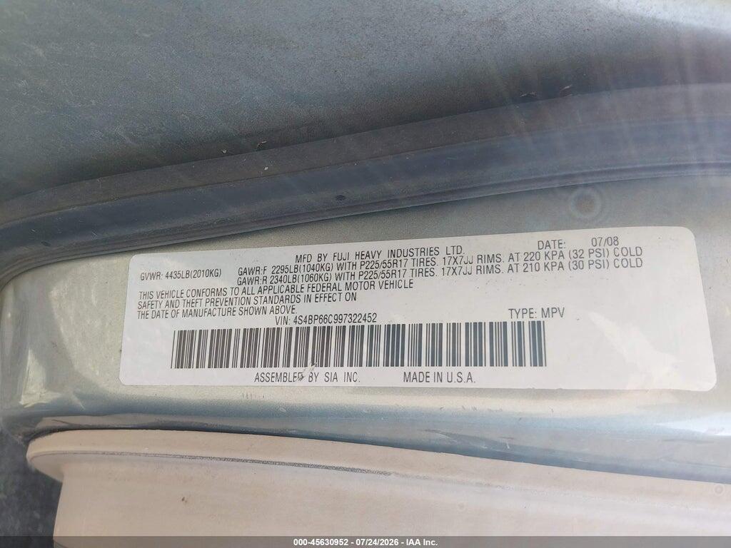 4S4BP66C997322452 2009 SUBARU OUTBACK photo no. 9