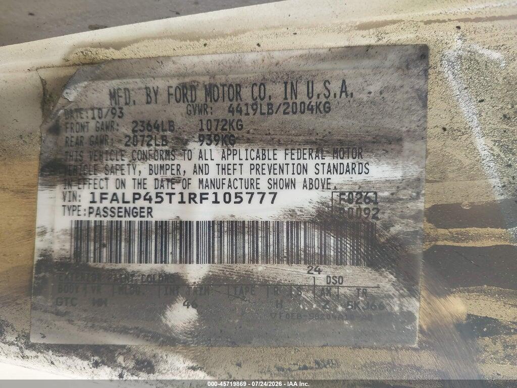 1FALP45T1RF105777 1994 FORD MUSTANG photo no. 9