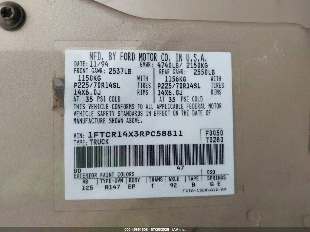 1FTCR14X3RPC58811 1994 FORD RANGER photo no. 9