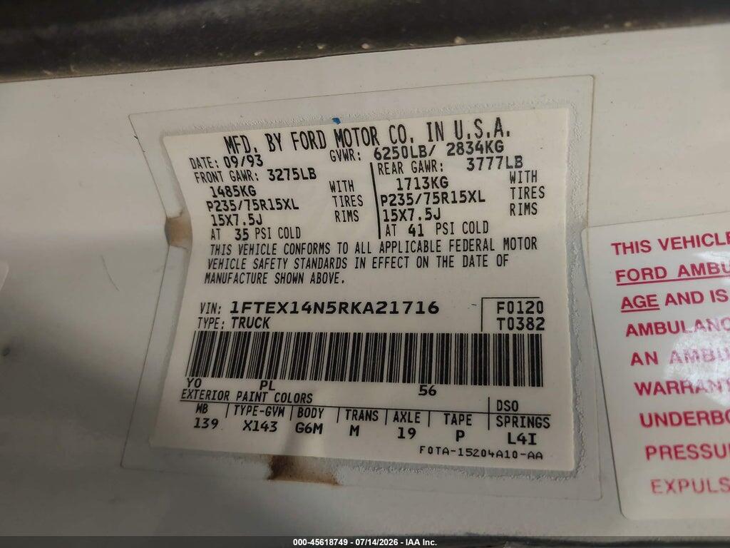 1FTEX14N5RKA21716 1994 FORD F150 photo no. 9