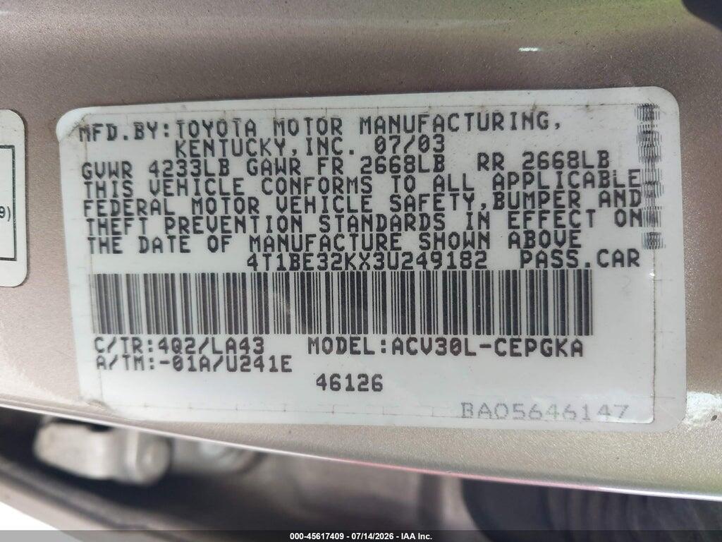 4T1BE32KX3U249182 2003 TOYOTA CAMRY photo no. 9