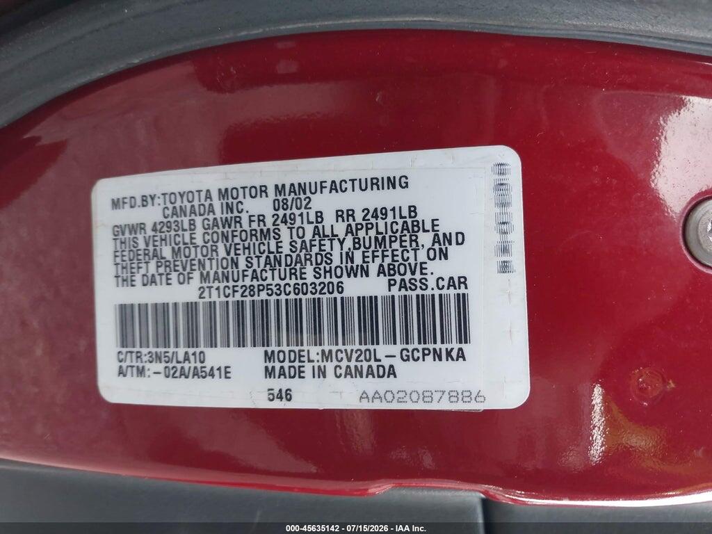 2T1CF28P53C603206 2003 TOYOTA CAMRY SOLARA photo no. 9