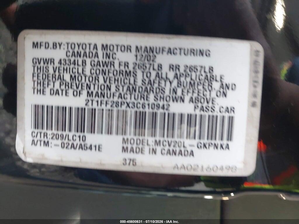 2T1FF28PX3C610942 2003 TOYOTA CAMRY SOLARA photo no. 9