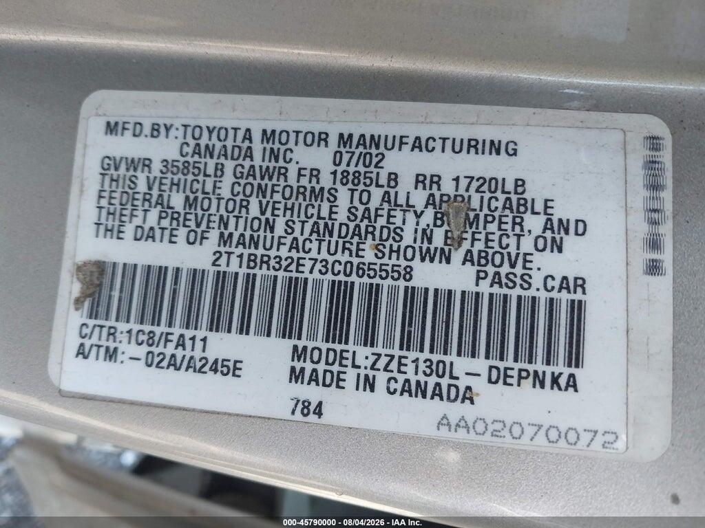 2T1BR32E73C065558 2003 TOYOTA COROLLA photo no. 9