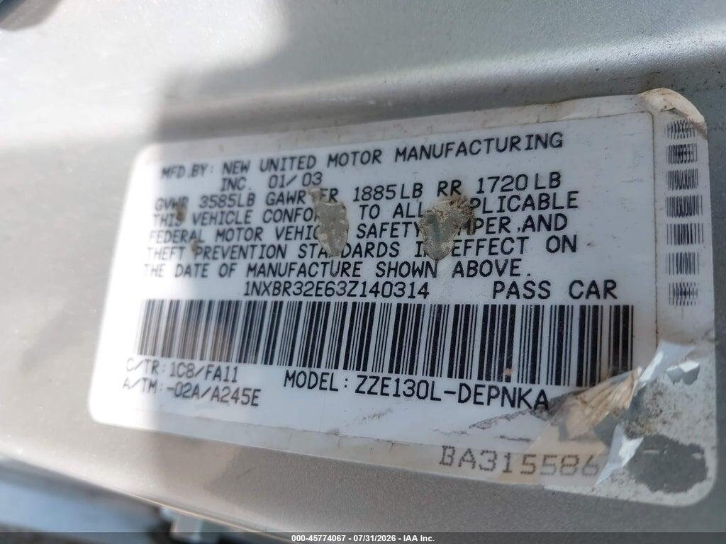 1NXBR32E63Z140314 2003 TOYOTA COROLLA photo no. 9