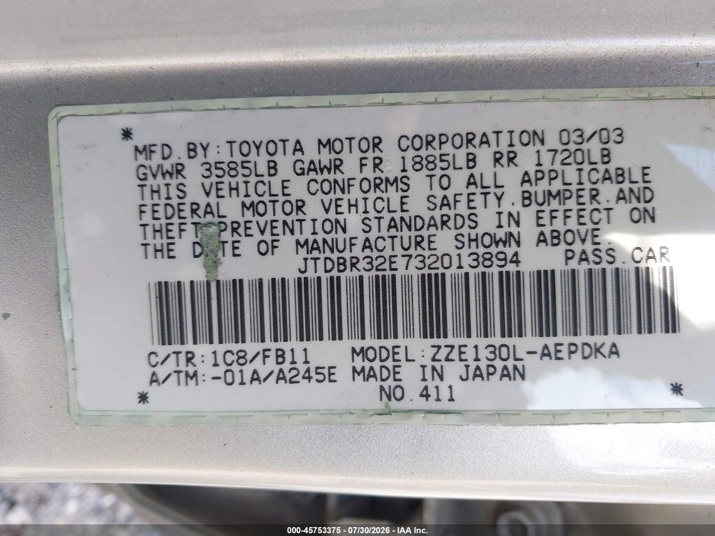 JTDBR32E732013894 2003 TOYOTA COROLLA photo no. 9