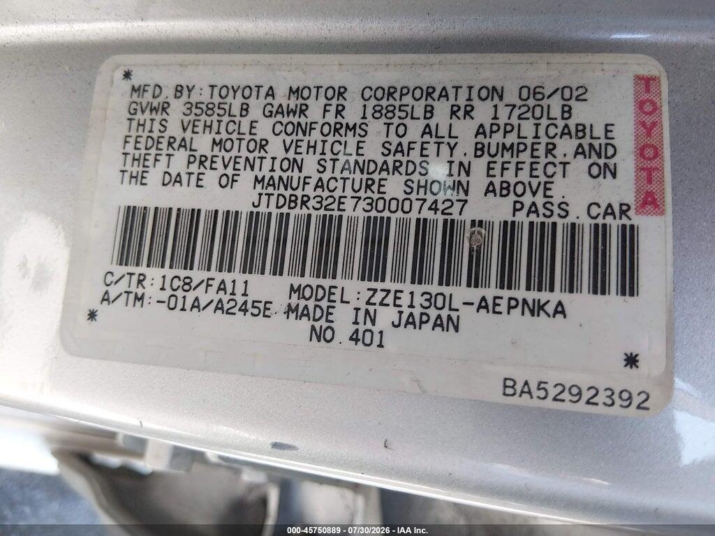 JTDBR32E730007427 2003 TOYOTA COROLLA photo no. 9