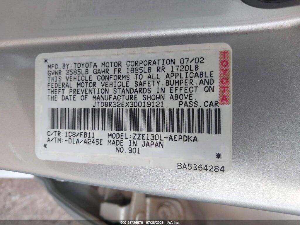 JTDBR32EX30019121 2003 TOYOTA COROLLA photo no. 9