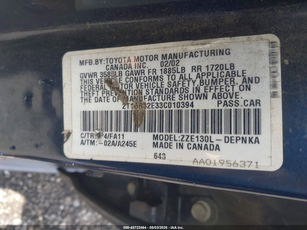 2T1BR32E33C010394 2003 TOYOTA COROLLA photo no. 9