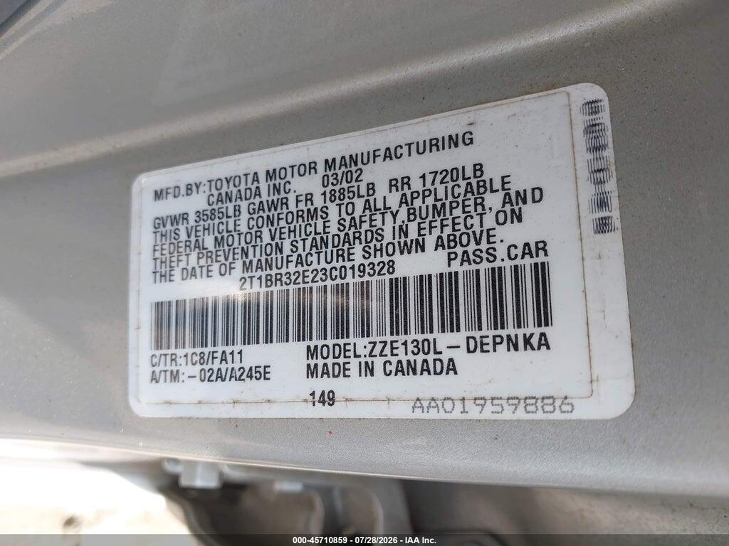 2T1BR32E23C019328 2003 TOYOTA COROLLA photo no. 8