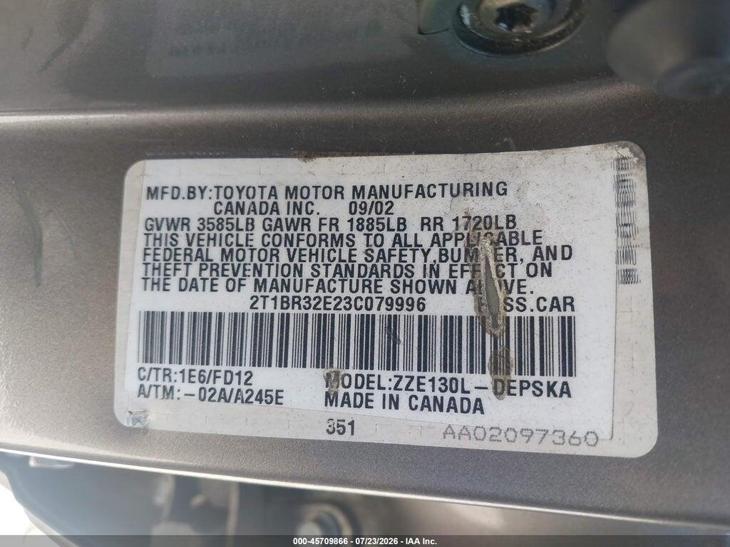 2T1BR32E23C079996 2003 TOYOTA COROLLA photo no. 9