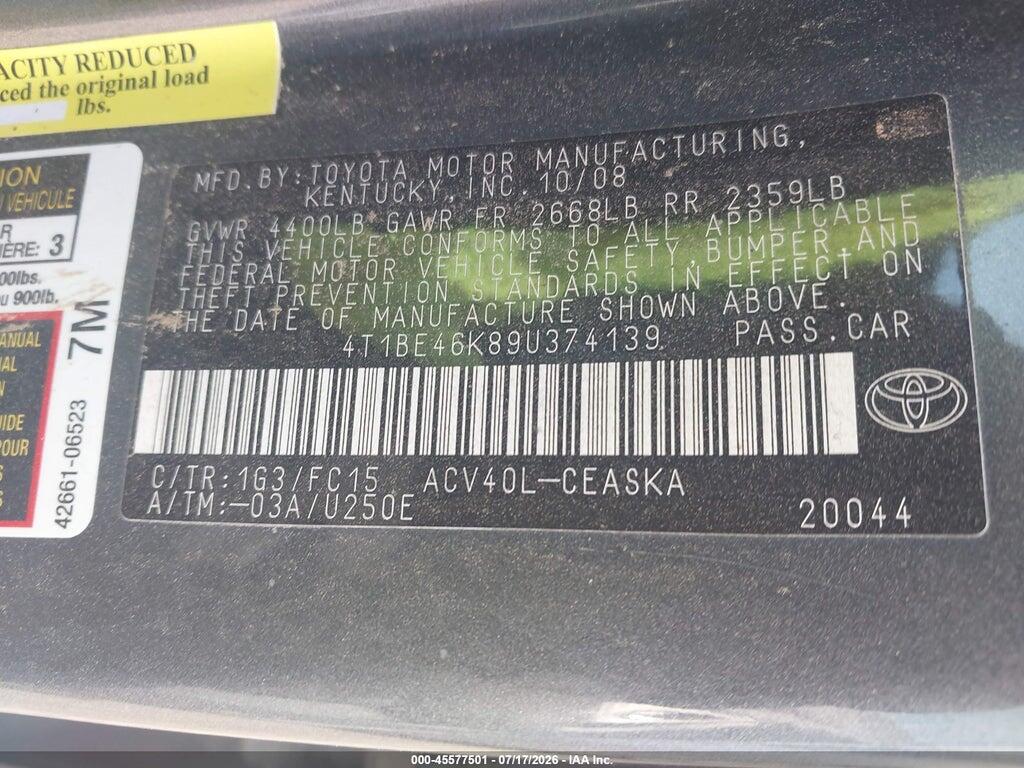 4T1BE46K89U374139 2009 TOYOTA CAMRY photo no. 9