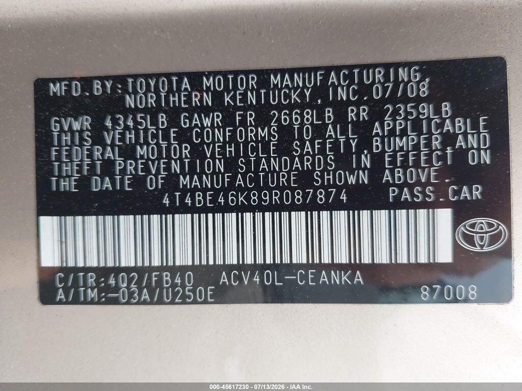 4T4BE46K89R087874 2009 TOYOTA CAMRY photo no. 9