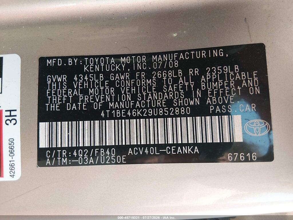 4T1BE46K29U852880 2009 TOYOTA CAMRY photo no. 9