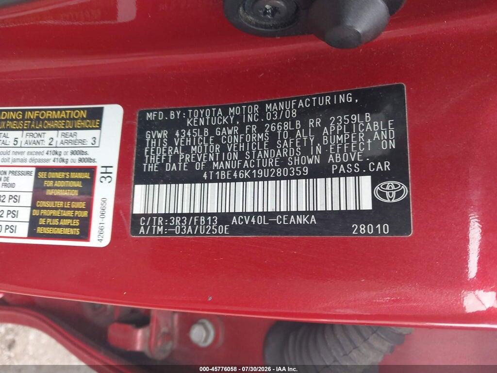 4T1BE46K19U280359 2009 TOYOTA CAMRY photo no. 9