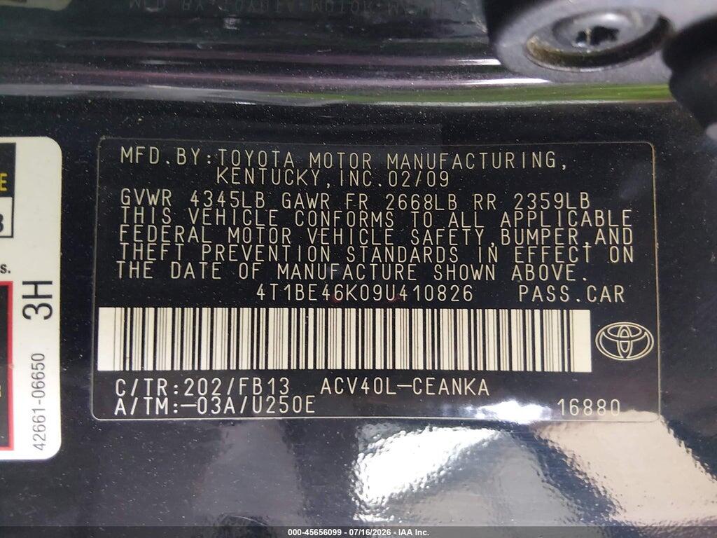 4T1BE46K09U410826 2009 TOYOTA CAMRY photo no. 9