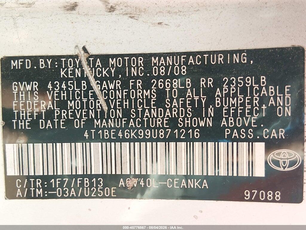 4T1BE46K99U871216 2009 TOYOTA CAMRY photo no. 9