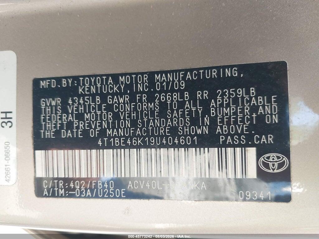 4T1BE46K19U404601 2009 TOYOTA CAMRY photo no. 9