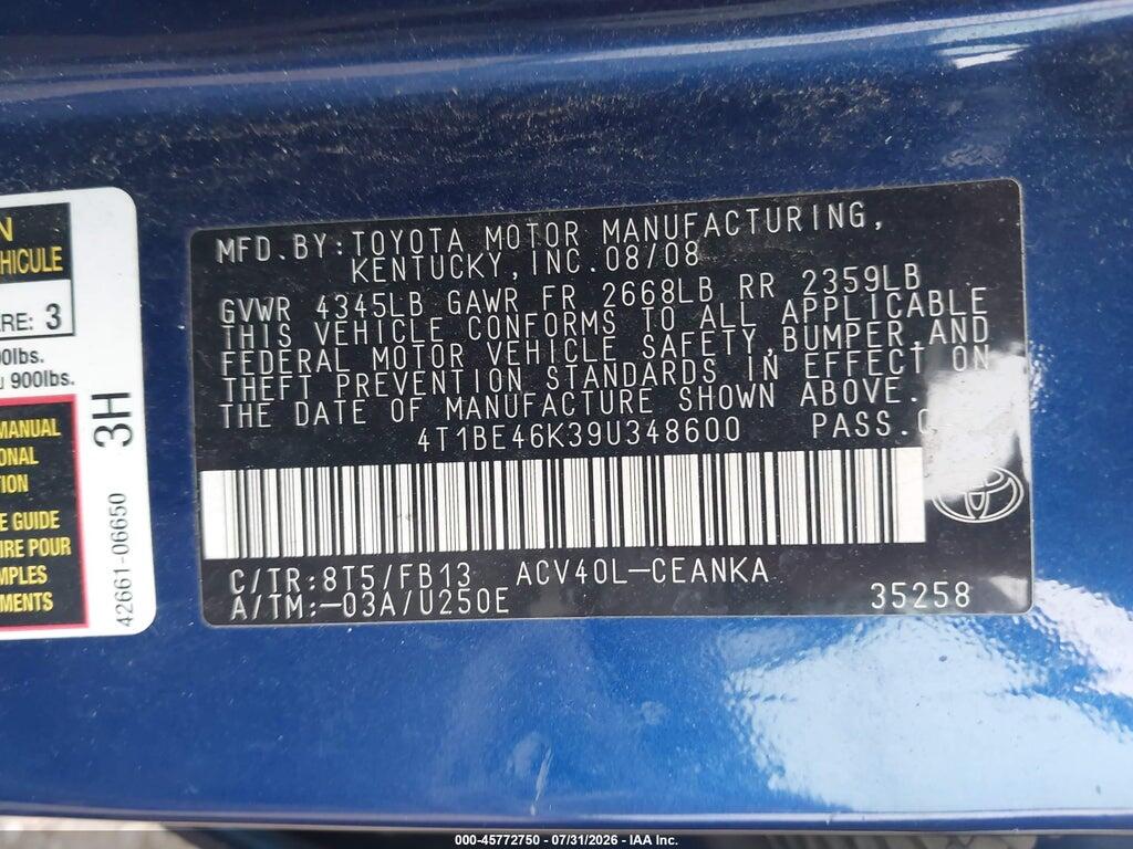 4T1BE46K39U348600 2009 TOYOTA CAMRY photo no. 9