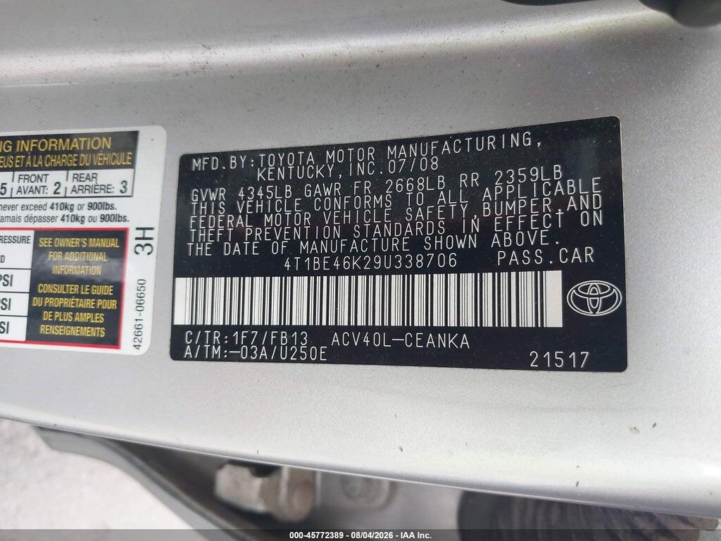 4T1BE46K29U338706 2009 TOYOTA CAMRY photo no. 9
