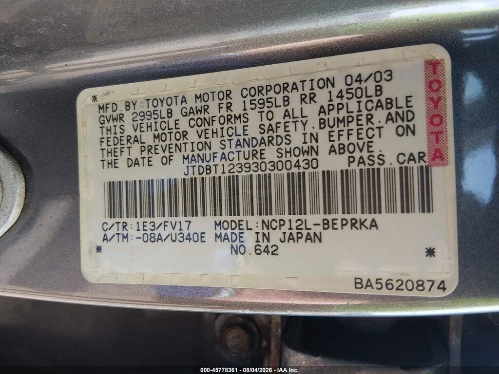 JTDBT123930300430 2003 TOYOTA ECHO photo no. 9