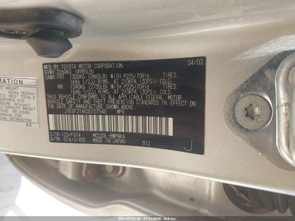 JTEGF21A630107540 2003 TOYOTA HIGHLANDER photo no. 9