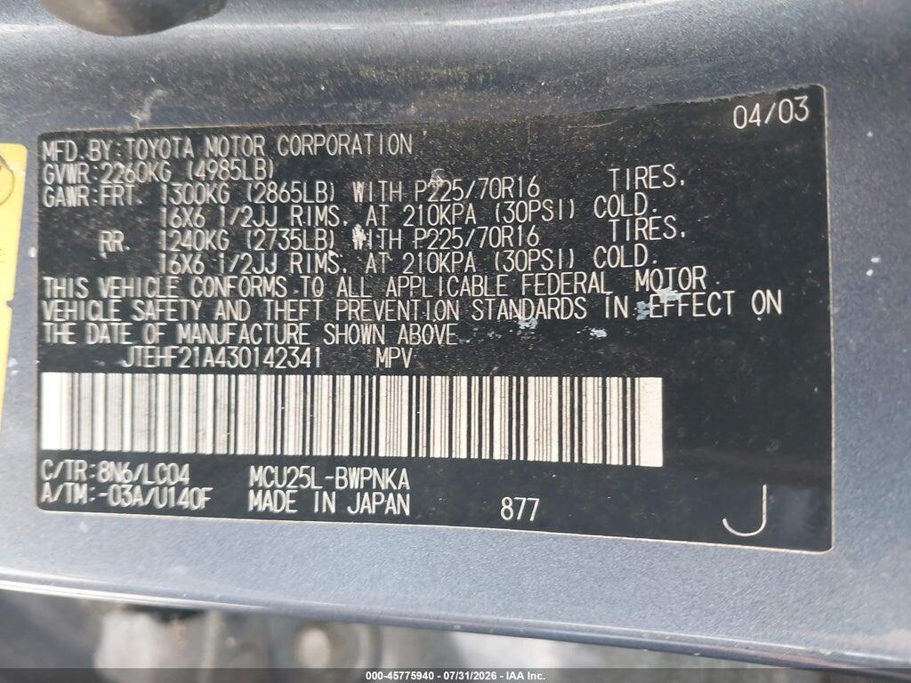 JTEHF21A430142341 2003 TOYOTA HIGHLANDER photo no. 9
