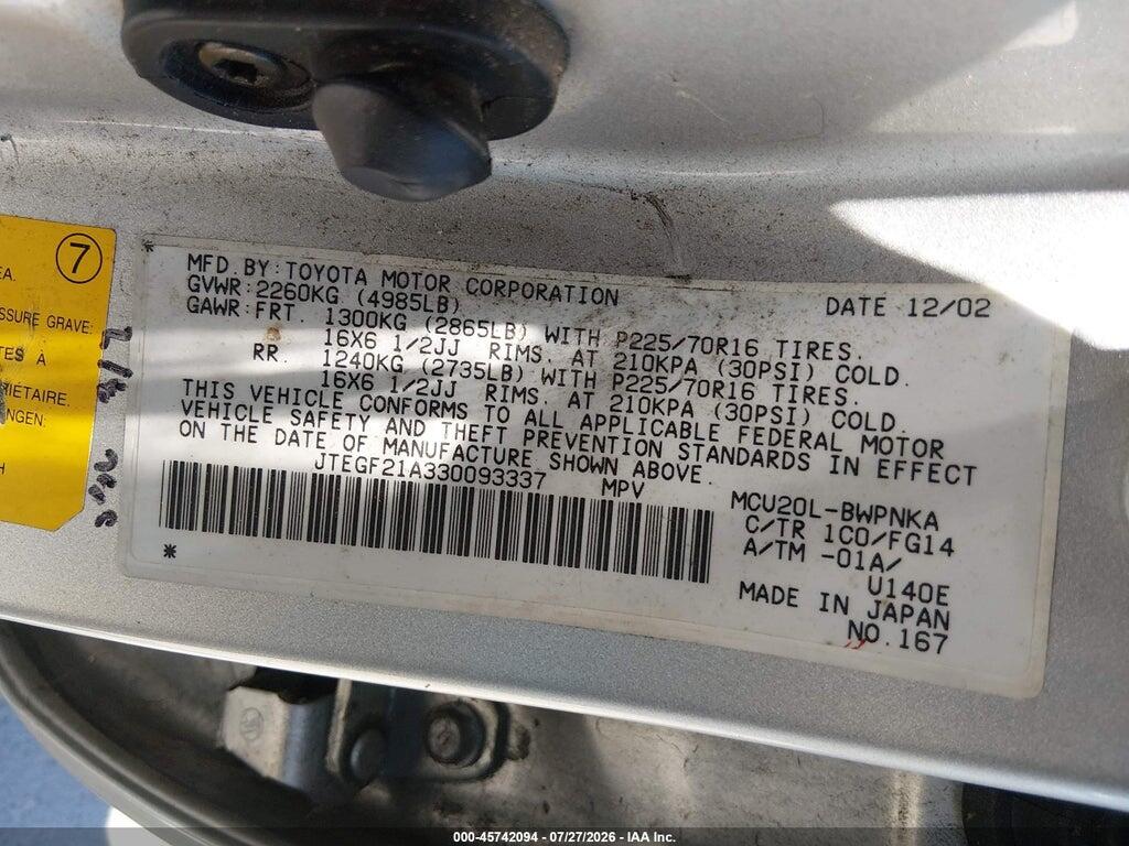 JTEGF21A330093337 2003 TOYOTA HIGHLANDER photo no. 9