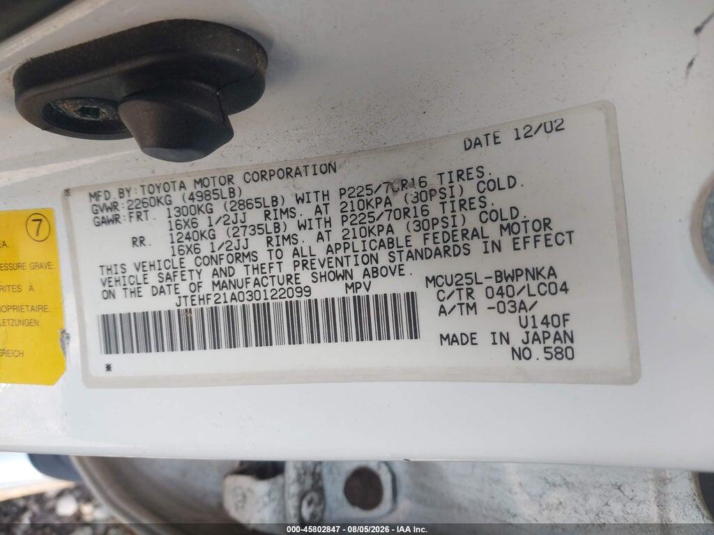 JTEHF21A030122099 2003 TOYOTA HIGHLANDER photo no. 9