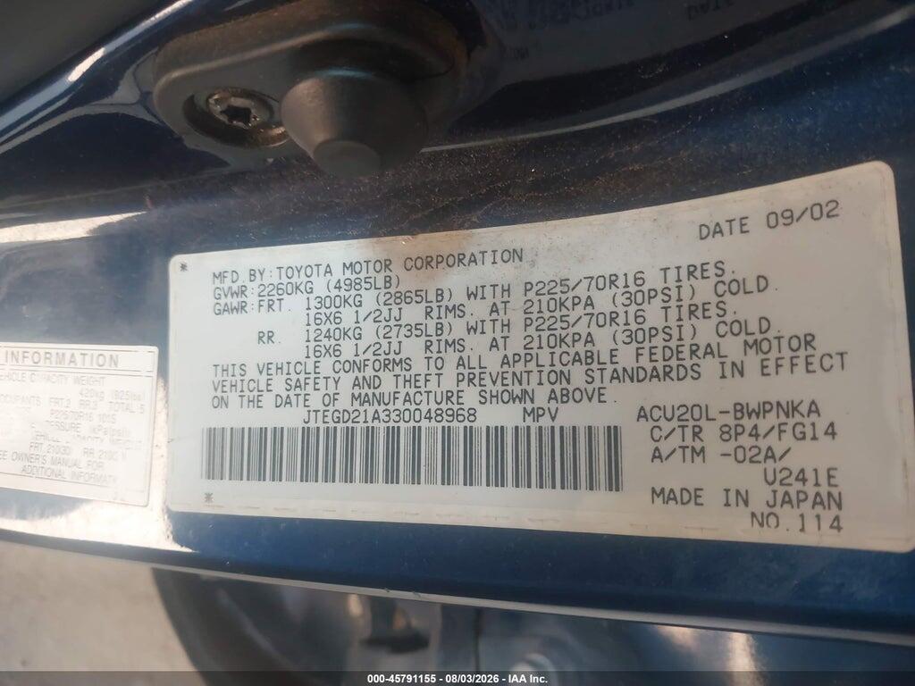 JTEGD21A330048968 2003 TOYOTA HIGHLANDER photo no. 9