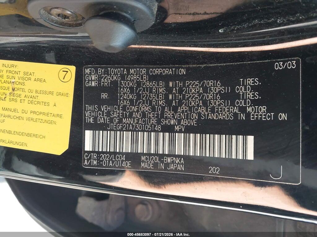 JTEGF21A730105148 2003 TOYOTA HIGHLANDER photo no. 9