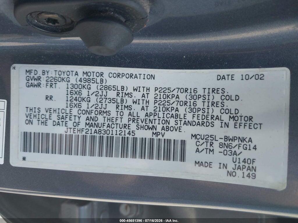 JTEHF21A830112145 2003 TOYOTA HIGHLANDER photo no. 9