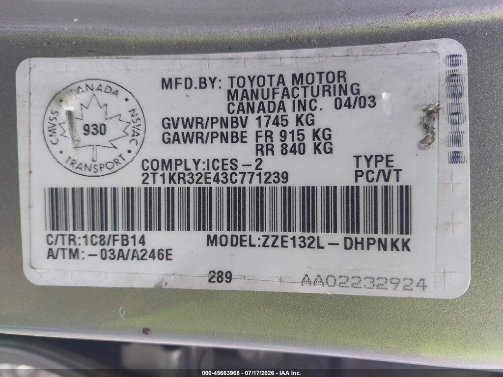 2T1KR32E43C771239 2003 TOYOTA MATRIX photo no. 9