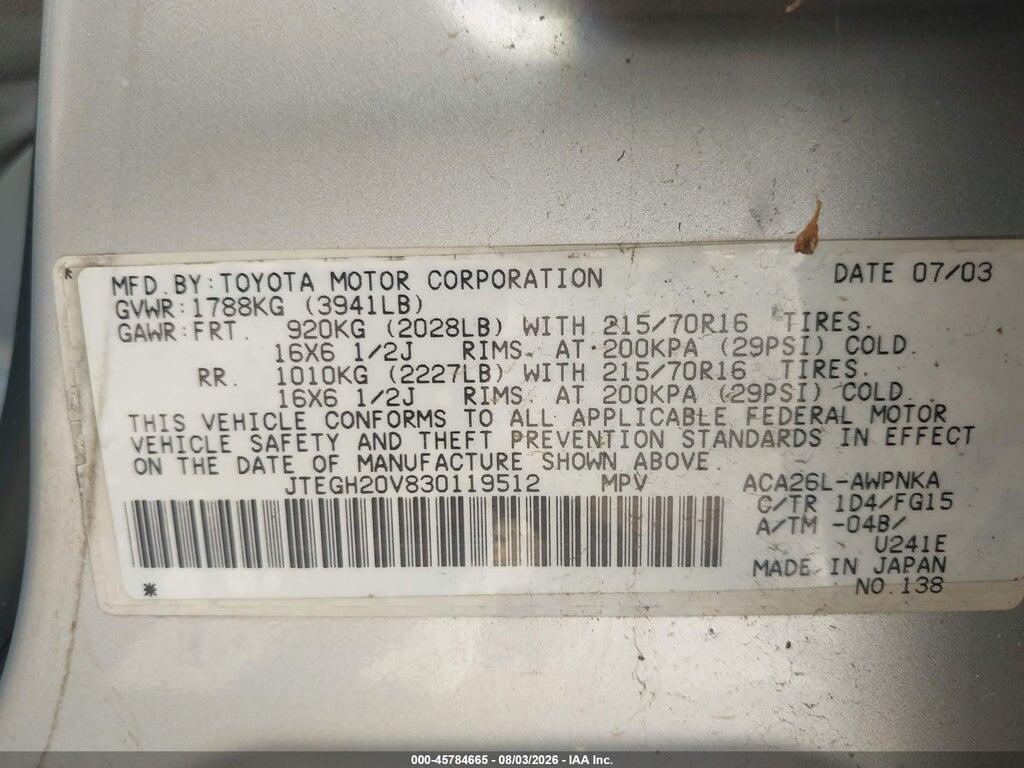 JTEGH20V830119512 2003 TOYOTA RAV4 photo no. 9