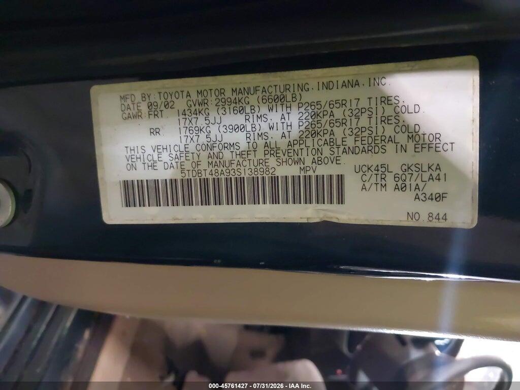 5TDBT48A93S138982 2003 TOYOTA SEQUOIA photo no. 9