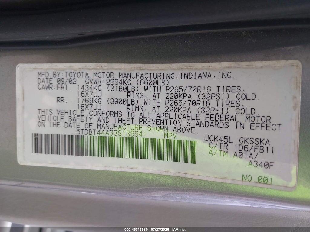 5TDBT44A33S139941 2003 TOYOTA SEQUOIA photo no. 9