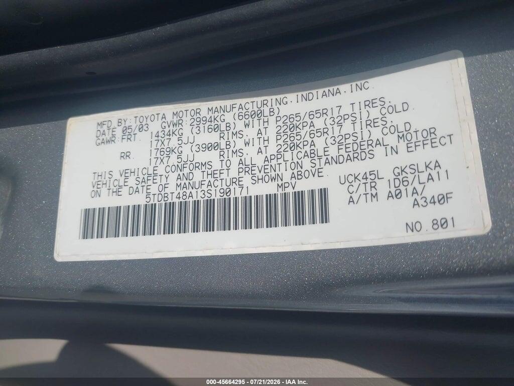5TDBT48A13S190171 2003 TOYOTA SEQUOIA photo no. 9