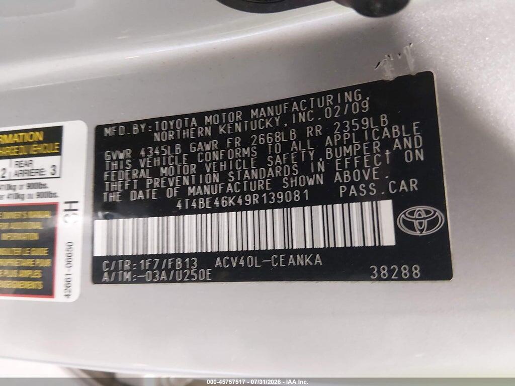 4T4BE46K49R139081 2009 TOYOTA CAMRY photo no. 9
